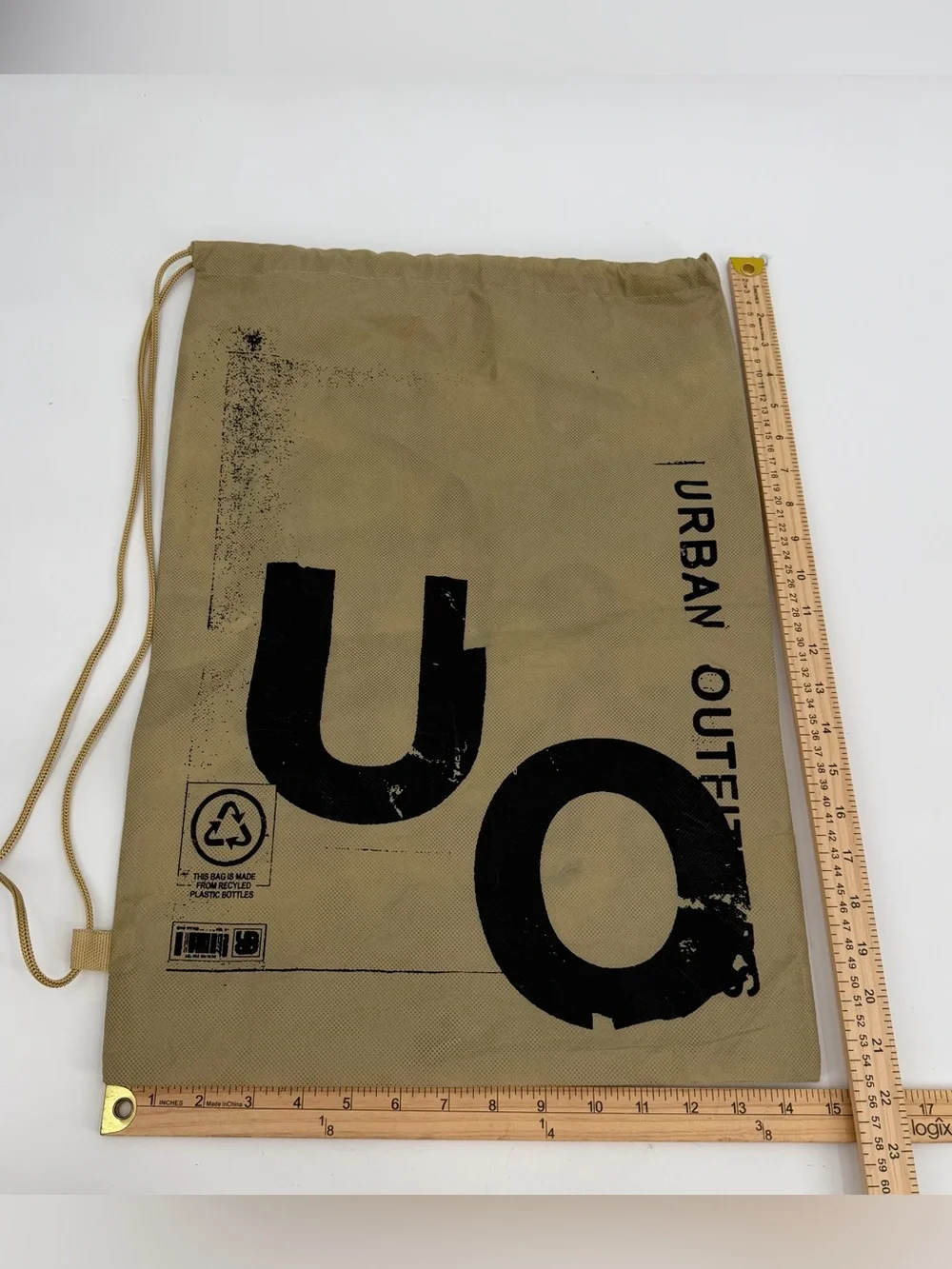 Urban Outfitters Drawstring Bag Backpack Tan Logo Recycled